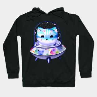 UFO Alien Cat in Spaceship Watercolor Art Cat Mon Cat Dad Cat Lover Hoodie